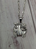 Halloween Cat driving a Pumpkin Car Necklace